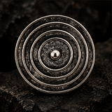 A circular silver-toned metal ring with concentric circular grooves and a small central lock, photographed close-up against a dark textured stone background.